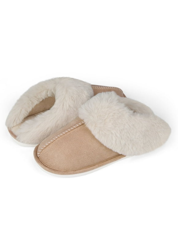 Women's Slippers Cozy Suede Memory Foam Slippers with Fluffy Plush Lining Collar Warm Indoor Outdoor House Shoes Slippers for Woman Men,Khaki
