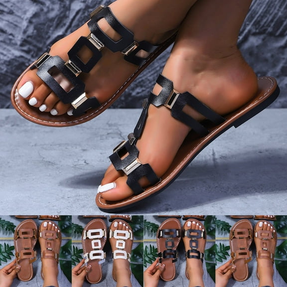 Women's Slippers Flat Heel Lightweight Breathable Open Toe Slip-on Slides Women Footwear Causal Summer Dressy Beach Shoes Black 6.5