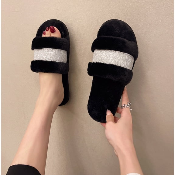Women's Slippers Fuzzy Open Toe Slip On Indoor House Shoes Comfy Bedroom Women Slippers