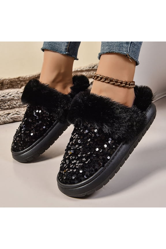 Women's Slippers House Slippers with Plush Lining & Sequin Bedroom Shoes (Black 39)