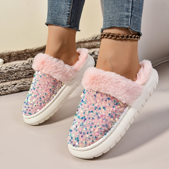 Women's Slippers House Slippers with Plush Lining & Sequin Bedroom Shoes (Pink 39)