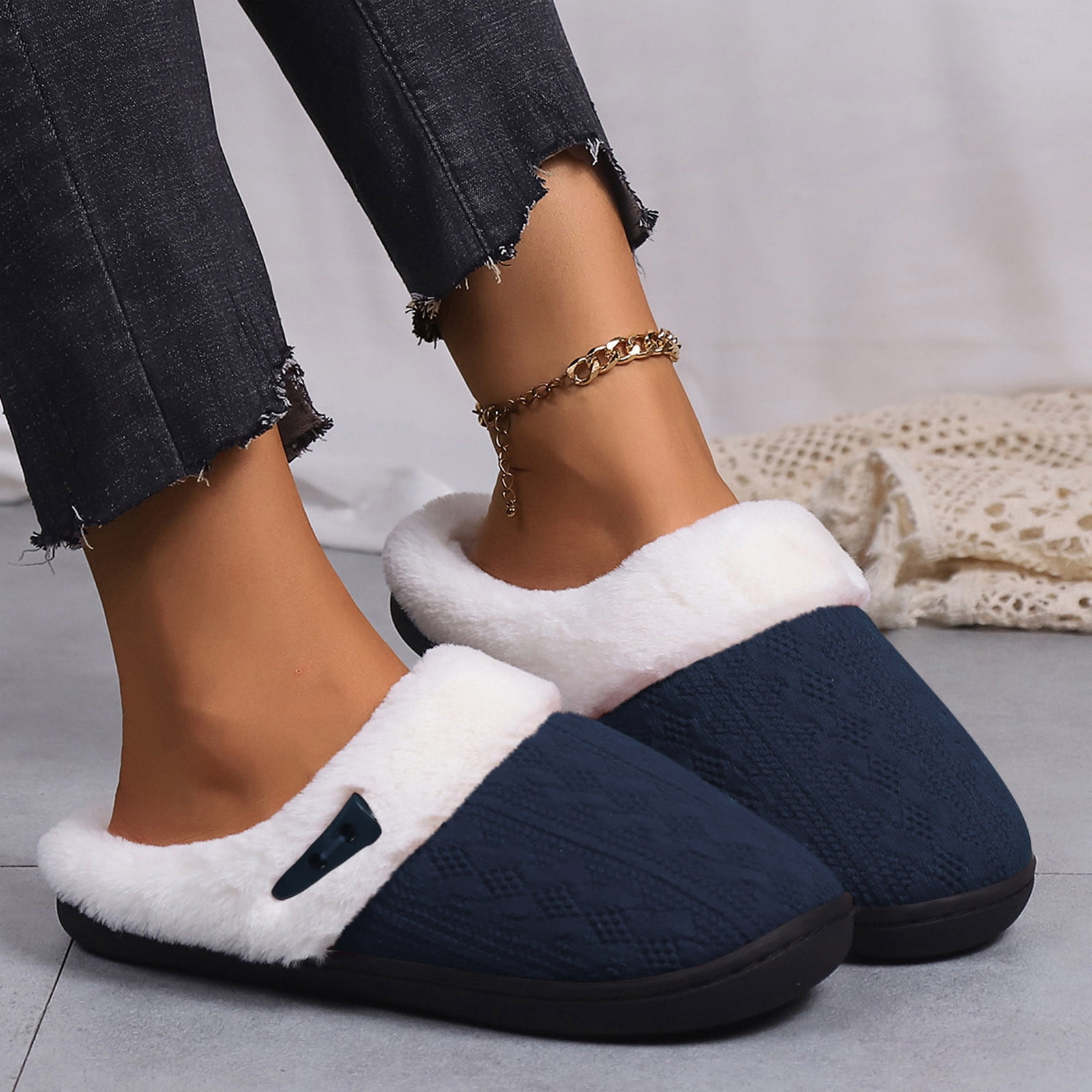 Women's Slippers Knit Fuzzy Lined Slippers Button Detail House Shoes ...