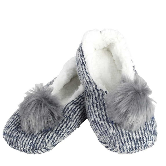 Women's Slippers Non-Skid with Pom Poms Faux fur shearling Navy Small/ Medium By MinxNY