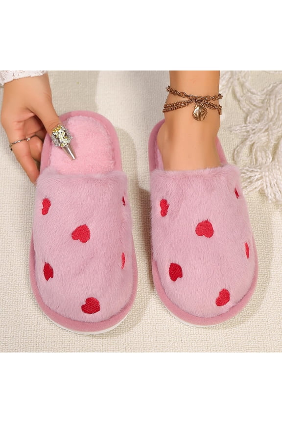 Women's Slippers Open Back Flat with Cute Heart Embroidery Print Thick Soft Fuzzy Warm Fleece Lining Non-Slip Cushioned Home Slides Romantic Cozy Footwear for Valentine's Day Gift