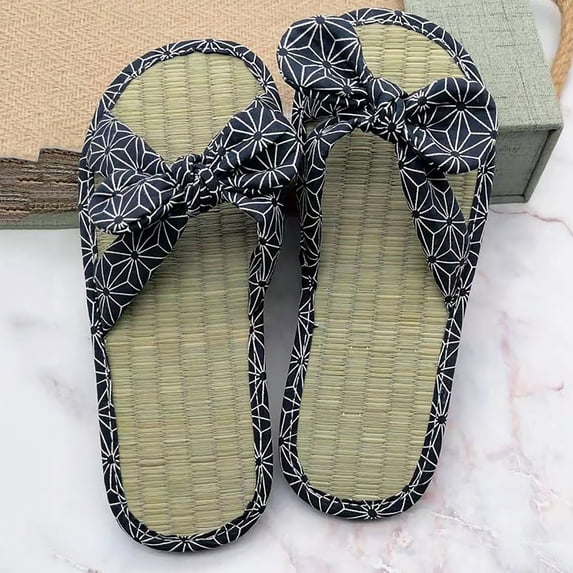 Women's Slippers Open Toe Straw Mats Sandals Comfortable Leisure Beach Flat Slippers (Blue 9)