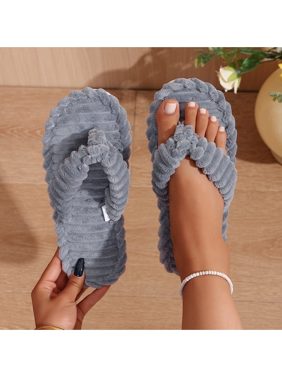 Women's Slippers Thong Slippers Solid Color Corduroy Fluffy Flip Flop Light Flat Sole for Summer Air-Conditioned Room Daily Household Rest Gray 5.5-6