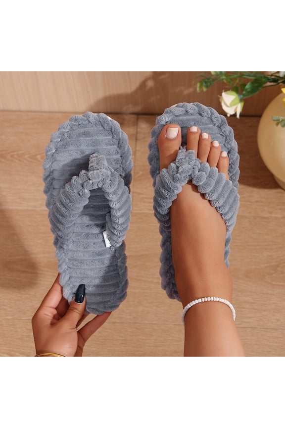 Women's Slippers Thong Slippers Solid Color Corduroy Fluffy Flip Flop Light Flat Sole for Summer Air-Conditioned Room Daily Household Rest Gray 6.5-7