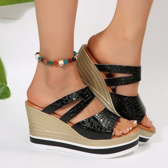Women's Slippers Wedge Thick Heel Open Toe Slip-On Slides Slippers Women's Fashionable Casual Daily Outdoor Beach Shoes Footwear Black 38