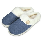 RAINSMORE Women's Slippers Comfy Cozy Fuzzy Slippers Memory Foam House Slippers Warm Plush Bedroom Shoes Scuff with Faux Fur Lining,Blue