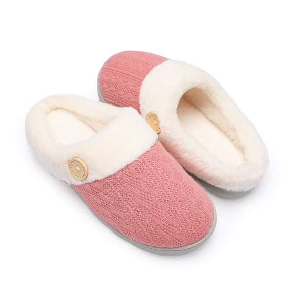 RAINSMORE Women's Slippers Warm Comfy Memory Foam Knitted Shoes Anti-Skid Rubber SoleHouse Slippers Faux Fur Lined Bedroom Cozy Indoor Outdoor,Pink