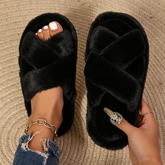 Women's Slippers Winter Open Toe Crisscross Wide Strap Flat Slippers Soft Warm Home Slides Solid Color Elegant Loungewear Footwear with Non-Slip Easy-Clean Sole for Daily Household Relax Wear