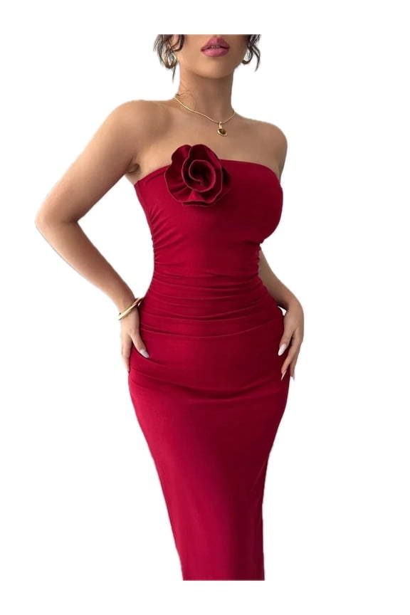 Women's Slit Back Flower Tube Midi Dress with Stretch Fabric ninety five% polyester and five% elastane for elegant wear