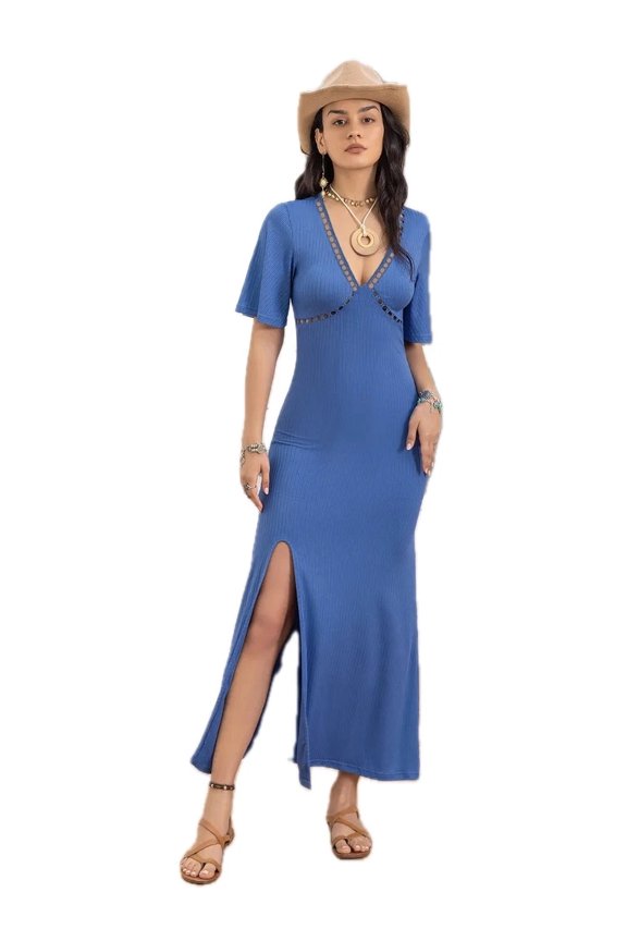 Women's Slit Openwork V Neck Dress with Sheer and ninety five percent polyester and five percent elastane fabric