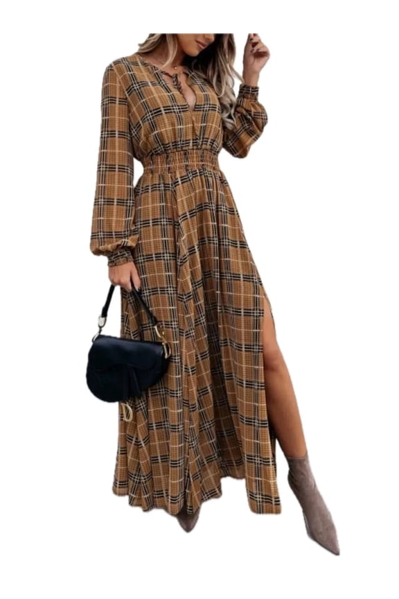 Women's Slit Plaid Tie Neck Long Sleeve Maxi Dress 100% Polyester Comfortable Flowy Silhouette For Everyday Occasion