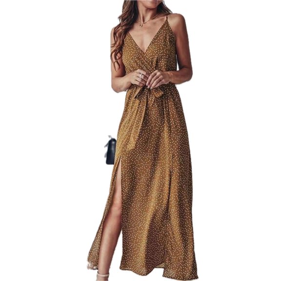 Women's Slit Printed Surplice Midi Dress Belted Silhouette for Everyday Wear Lightweight 100% Polyester Fabric