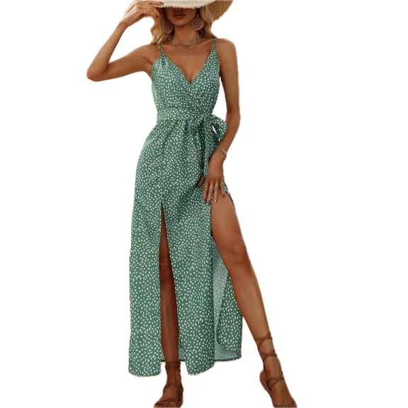 Women's Slit Printed Surplice Midi Dress Belted Silhouette for Everyday Wear Lightweight 100% Polyester Fabric