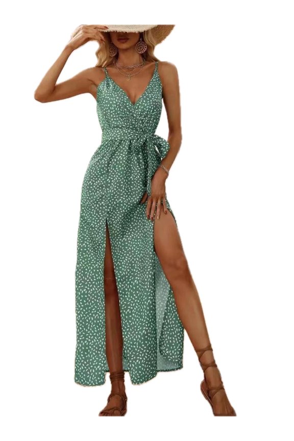 Women's Slit Printed Surplice Midi Dress Belted Silhouette for Everyday Wear Lightweight 100% Polyester Fabric