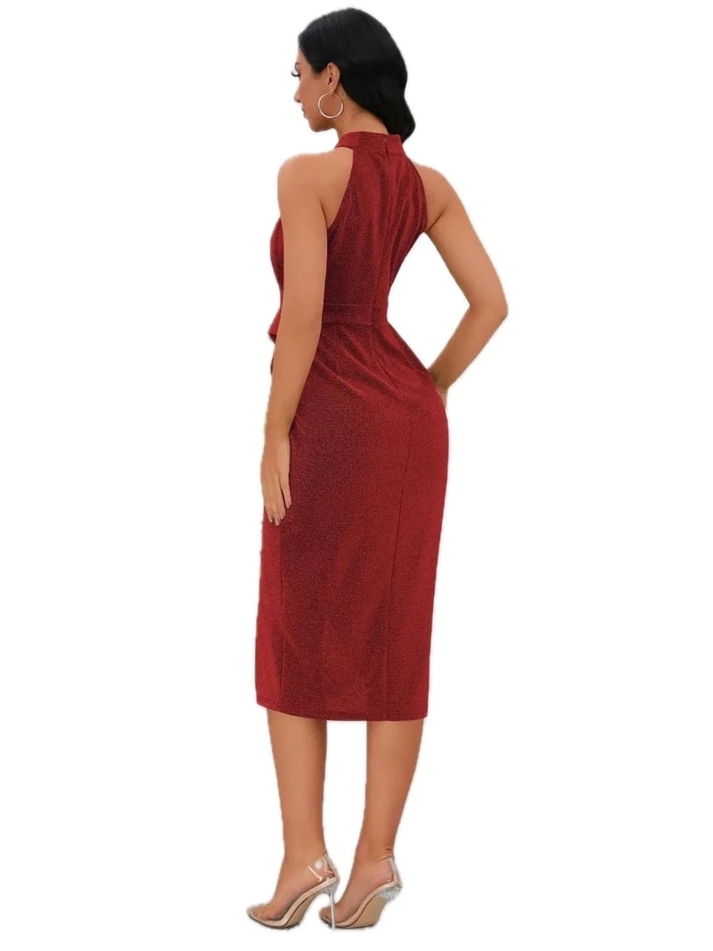 Women's Slit Ruched Mock Neck Sleeveless Dress 100% Polyester Imported Elegant Evening Party Wear For Formal Wear