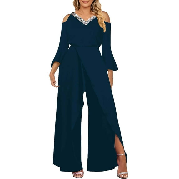 Women's Slit Sequin Solid V Neck Elegant Wide Leg Loose Sleeve Bell Sleeve Jumpsuit, Sequin Solid Color V-Neck Bell Women's Jumpsuit Blue