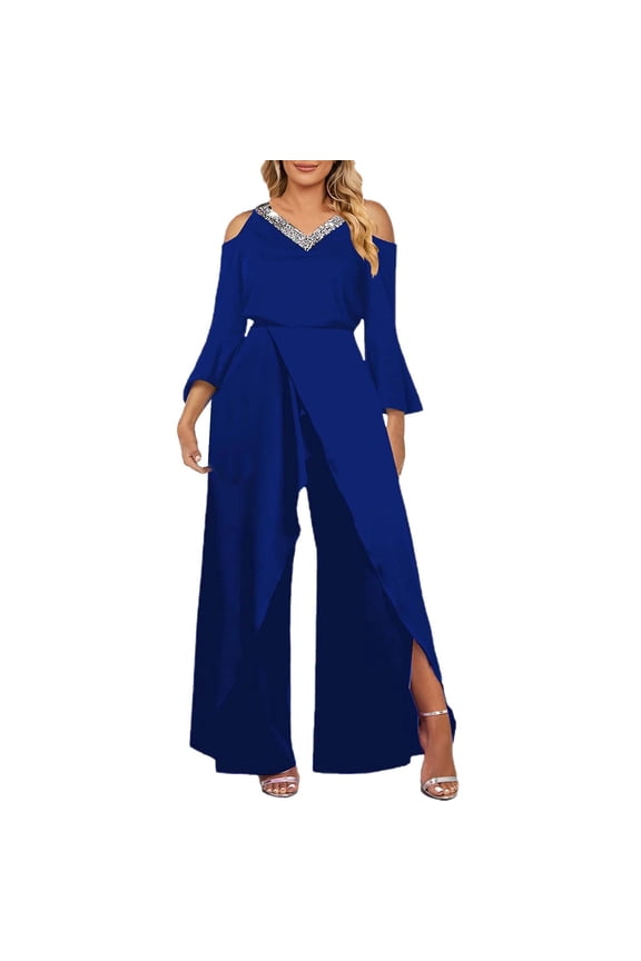 Women's Slit Sequin Solid V Neck Elegant Wide Leg Loose Sleeve Bell Sleeve Jumpsuit, Sequin Solid Color V-Neck Bell Women's Jumpsuit Blue