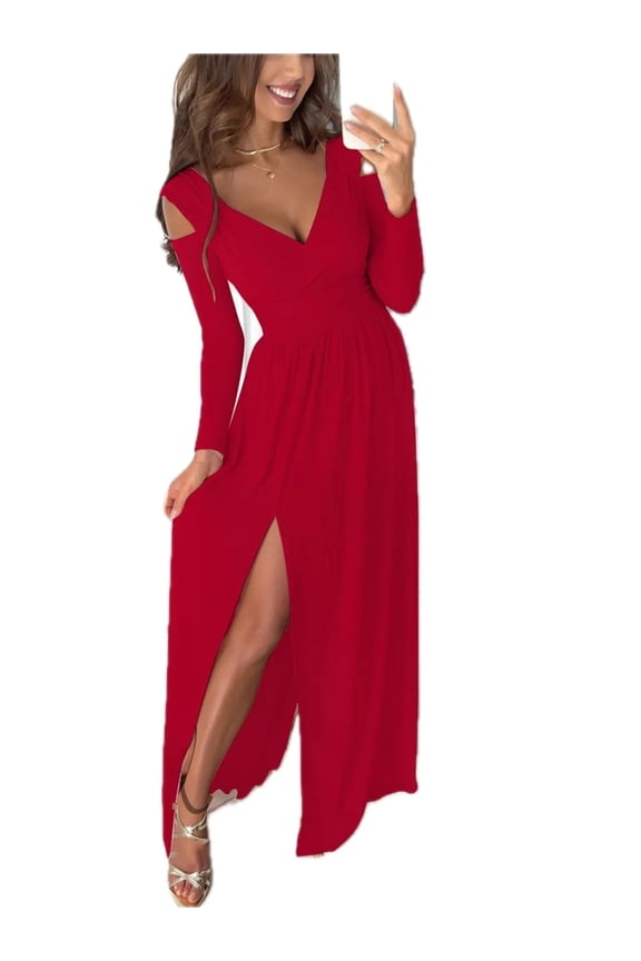 Women's Slit Surplice Cold Shoulder Maxi Dress with Flowy Silhouette and Stretch 95% Polyester 5% Spandex Fabric