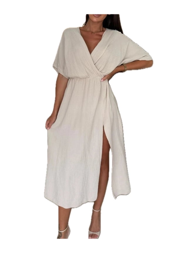 Women's Slit Surplice Midi Dress with Half Sleeve Perfect for Day to Night Events 100% Polyester Fabric for daily wear