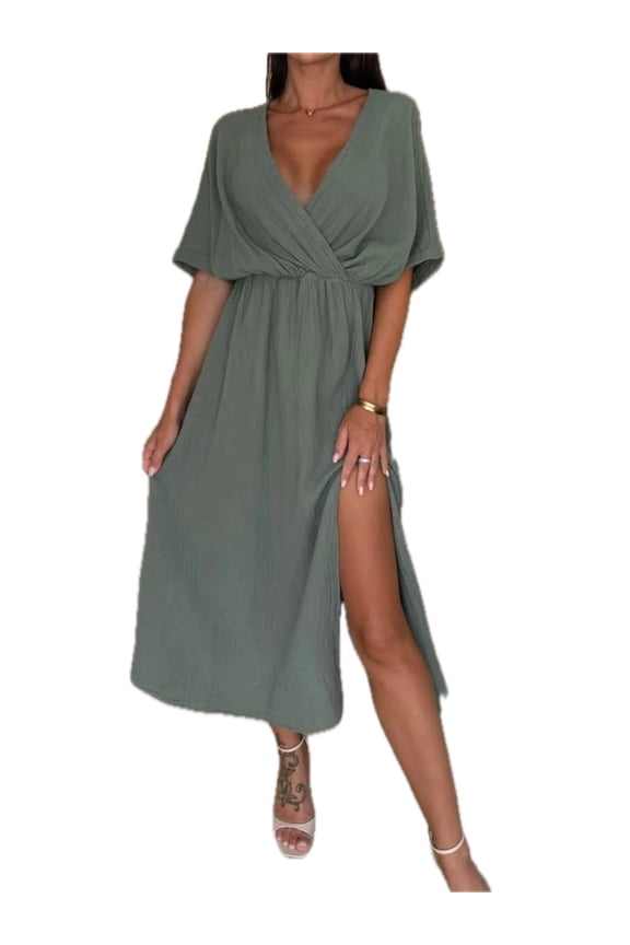 Women's Slit Surplice Midi Dress with Half Sleeve Perfect for Day to Night Events 100% Polyester Fabric for daily wear