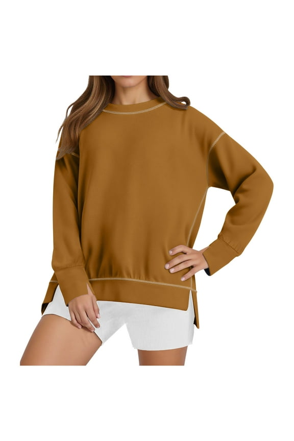Women's Slit Sweatshirt Loose Fit Crew Neck High Low Hem Pullover Tops Side Splits Cuffs Slits Sweater Casual Daily Wear 2025 Fashion Fall Clothing
