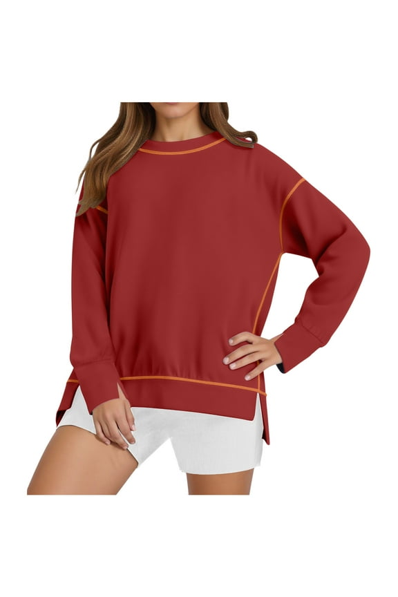 Women's Slit Sweatshirt Loose Fit Crew Neck High Low Hem Pullover Tops Side Splits Cuffs Slits Sweater Casual Daily Wear 2025 Fashion Fall Clothing