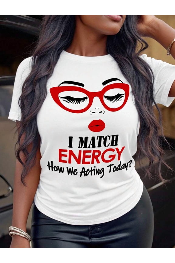 Women's Slogan & Figure Graphic Round Neck Short Sleeve Casual T-Shirt Graphic Tees Women Tops