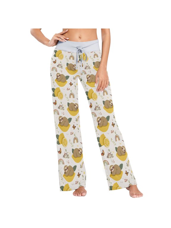 Women's Sloth Lemon Rainbow Comfy Stretch Wide Leg Pajama Pants, Drawstring Waist Casual Lounge Pants