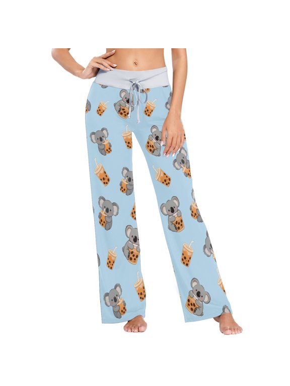 Women's Sloth Milk Tea Comfy Stretch Wide Leg Pajama Pants, Drawstring Waist Casual Lounge Pants