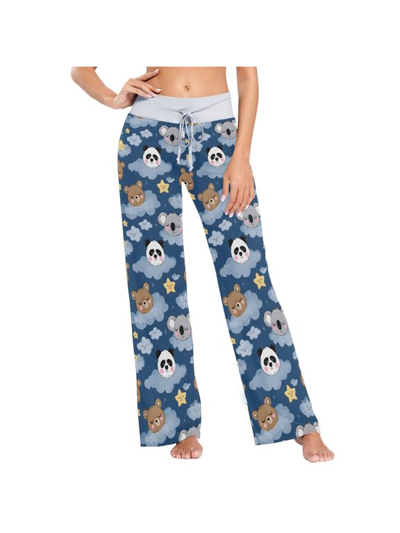 Women's Sloth Panda Comfy Stretch Wide Leg Pajama Pants, Drawstring Waist Casual Lounge Pants