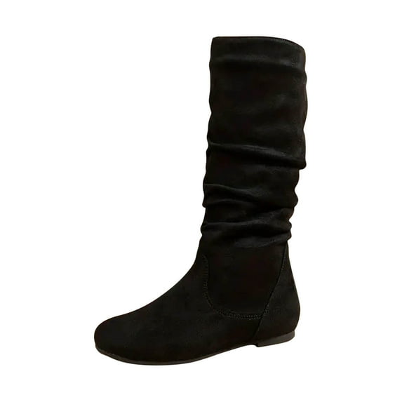 Women's Slouch Boots Suede Knee High Flat Boots Comfortable Pull on Mid Calf Boots Fashion Fall Winter Boots Black 38