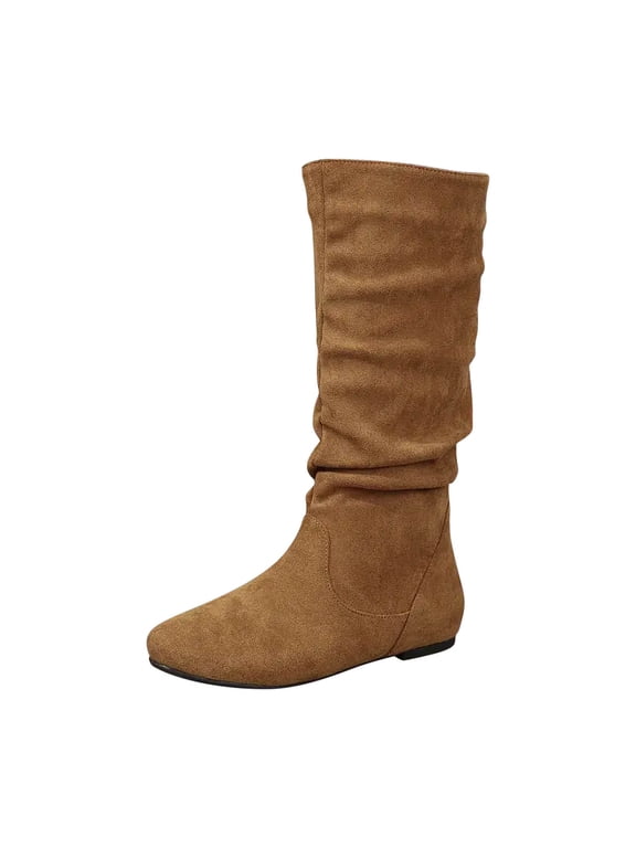 Women's Slouch Boots Suede Knee High Flat Boots Comfortable Pull on Mid Calf Boots Fashion Fall Winter Boots Coffee 42