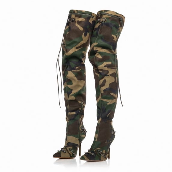 Women's Slouch High Heels Boots Classic Camo Style Over-Knee Boots Pointed Stiletto Casual Pull-On Tall Boot Party Dress Shoes 8