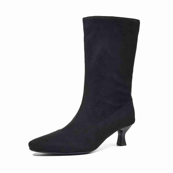 Women’s Slouch Mid-Calf Kitten Heel Boots, Stretch Fabric Faux Suede Pointed Toe for Fall/Winter
