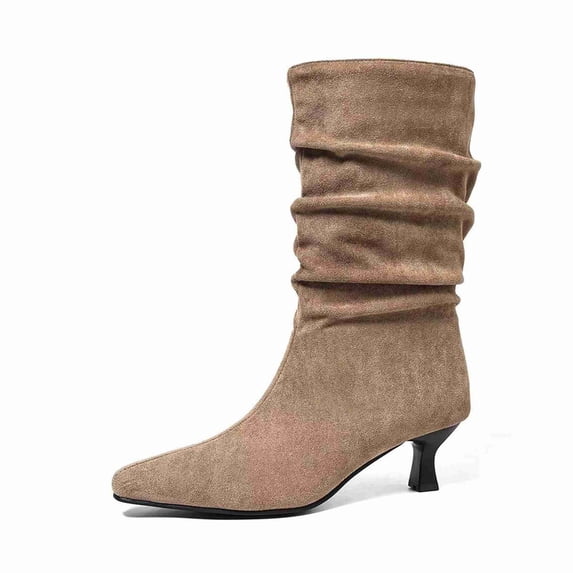 Women’s Slouch Mid-Calf Kitten Heel Boots, Stretch Fabric Faux Suede Pointed Toe for Fall/Winter