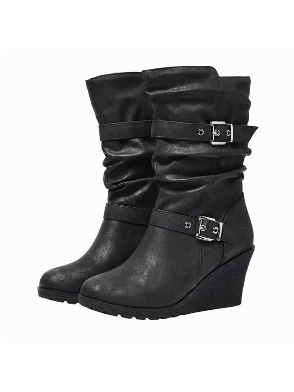 Women’s Slouch Mid Calf Wedge Boots, Dual Metal Buckle Ruched Faux Leather Tall Booties, Round Toe Platform Wedge Heel Casual Riding Boots