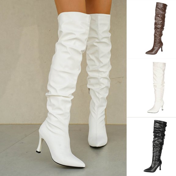 Women's Slouch Over The Knee Boots, Ruched Faux Leather Pointed Toe Stiletto Heel Tall Boots, Side Zipper Party Dress Boots