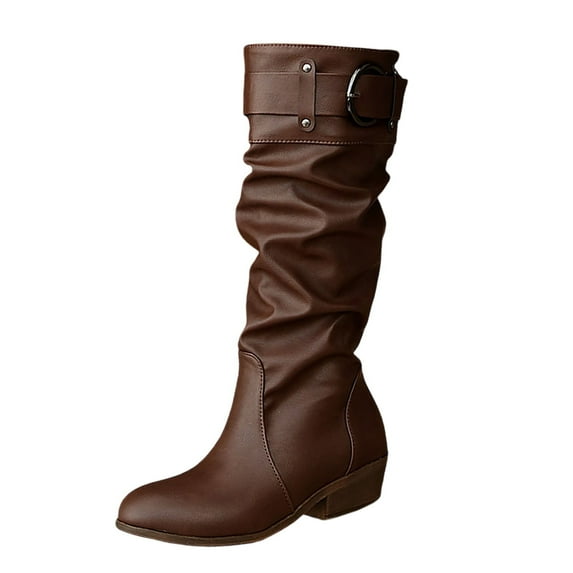 Women's Slouch Round Toe Low Heel Boots Knee High Boots(Color:Brown,Size:7.5)