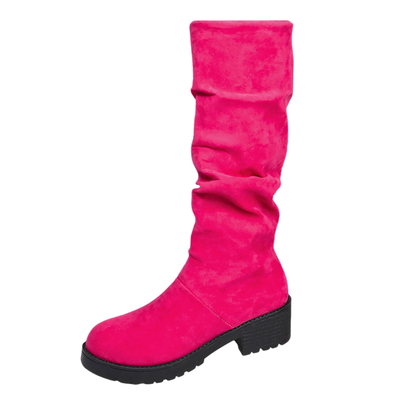 Women's Slouch Round Toe Low Heel Boots Knee High Boots(Color:Hot Pink ...