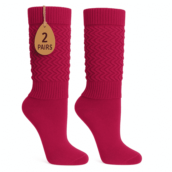 Women's Extra Long Slouch Socks Knee High Cotton Blend Pack of 2 Shoe Size 5-10 Retro 80s Style (Fuchsia)