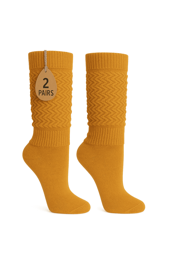 Women's Extra Long Slouch Socks Knee High Cotton Blend Pack of 2 Shoe Size 5-10 Retro 80s Style (Golden Rod)