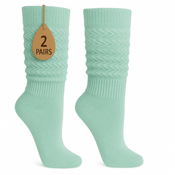 Women's Extra Long Slouch Socks Knee High Cotton Blend Pack of 2 Shoe Size 5-10 Retro 80s Style(Mint)