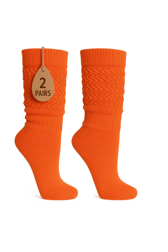 Women's Extra Long Slouch Socks Knee High Cotton Blend Pack of 2 Shoe Size 5-10 Retro 80s Style(Orange)