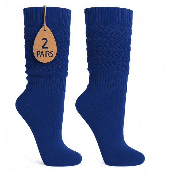 Women's Extra Long Slouch Socks Knee High Cotton Blend Pack of 2 Shoe Size 5-10 Retro 80s Style(Parliament Blue)