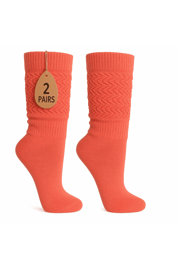 Women's Extra Long Slouch Socks Knee High Cotton Blend Pack of 2 Shoe Size 5-10 Retro 80s Style (Peach)