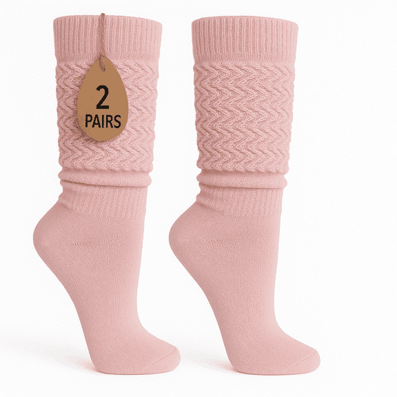 Women's Extra Long Slouch Socks Knee High Cotton Blend Pack of 2 Shoe Size 5-10 Retro 80s Style (Pink)
