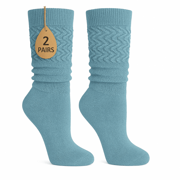Women's Extra Long Slouch Socks Knee High Cotton Blend Pack of 2 Shoe Size 5-10 Retro 80s Style (Sky Blue)